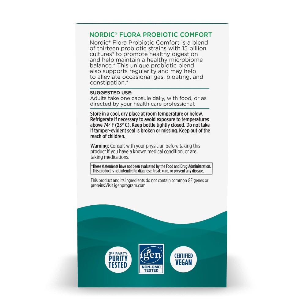 Nordic Naturals Nordic Flora Probiotic Comfort - 30 Capsules - 13 Probiotic Strains w/ 15 Billion Cultures - Supports Regularity & Digestive Comfort, Alleviates Bloating - Non-GMO, Vegan - 30 Servings
