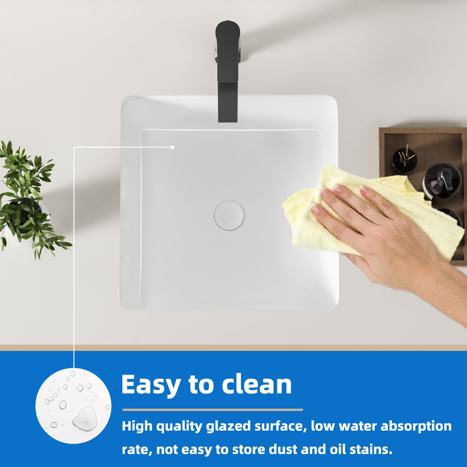KINGWONG 14 Inch Small Square Undermount Bathroom Sink, 13.75" Ceramic White Porcelain Under Counter Basin for Vanity, Modern Rectangular Sink with Overflow Hole, Easy to Clean, Interior 11.5" x 11.5"