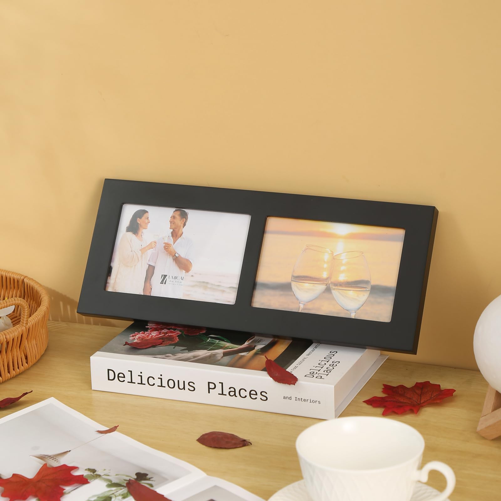 4x6 2-Opening Collage Frame Black Wood | Two 4x6 openings, shatter-resistant glass, tabletop & wall mount