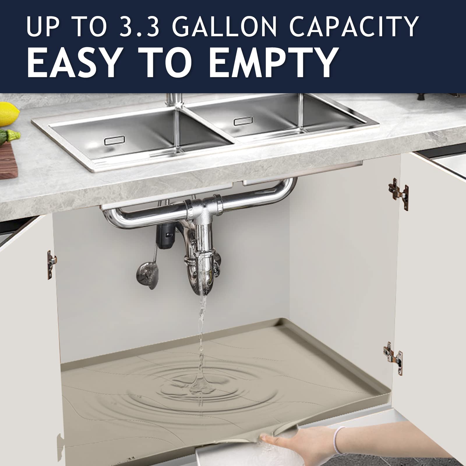 Heavy Duty Silicone Under Sink Mats for Kitchen Waterproof 19" x 19", Extra Thick Under Sink Rubber Mat Drip Tray, Raised Edge Under Sink Liner,Prevent Drips, Leaks, Spills,Beige