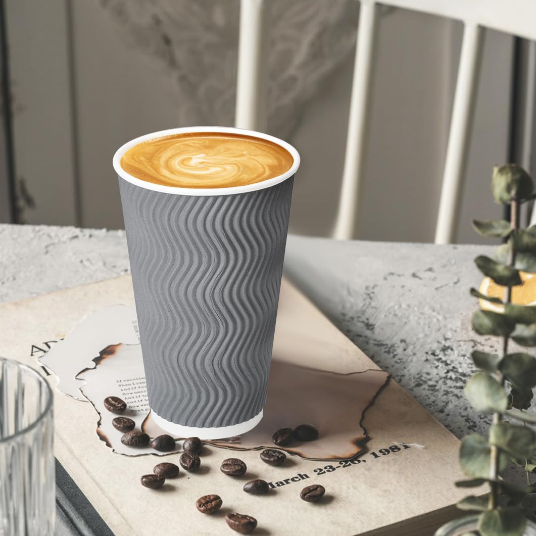 BYSNOW 100 Pack 10 oz Coffee Cups with Lids, Disposable Insulated Hot Cups To Go Paper Coffee Cups, Corrugated Ripple Wall Cup for Hot Drink, Office, Coffee Bar (Grey 10 oz)