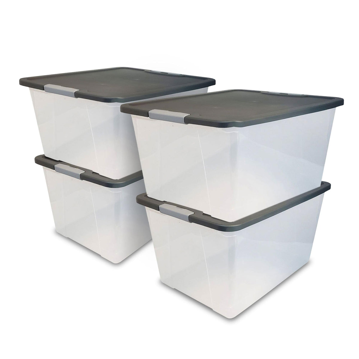 HOMZ 4-Pack Secure Latch, Clear Plastic Storage Organizer Bins, 15 Quart, Gray Lid - Stackable Container Boxes for Bedroom, Bathroom, Garage, and Office Organization