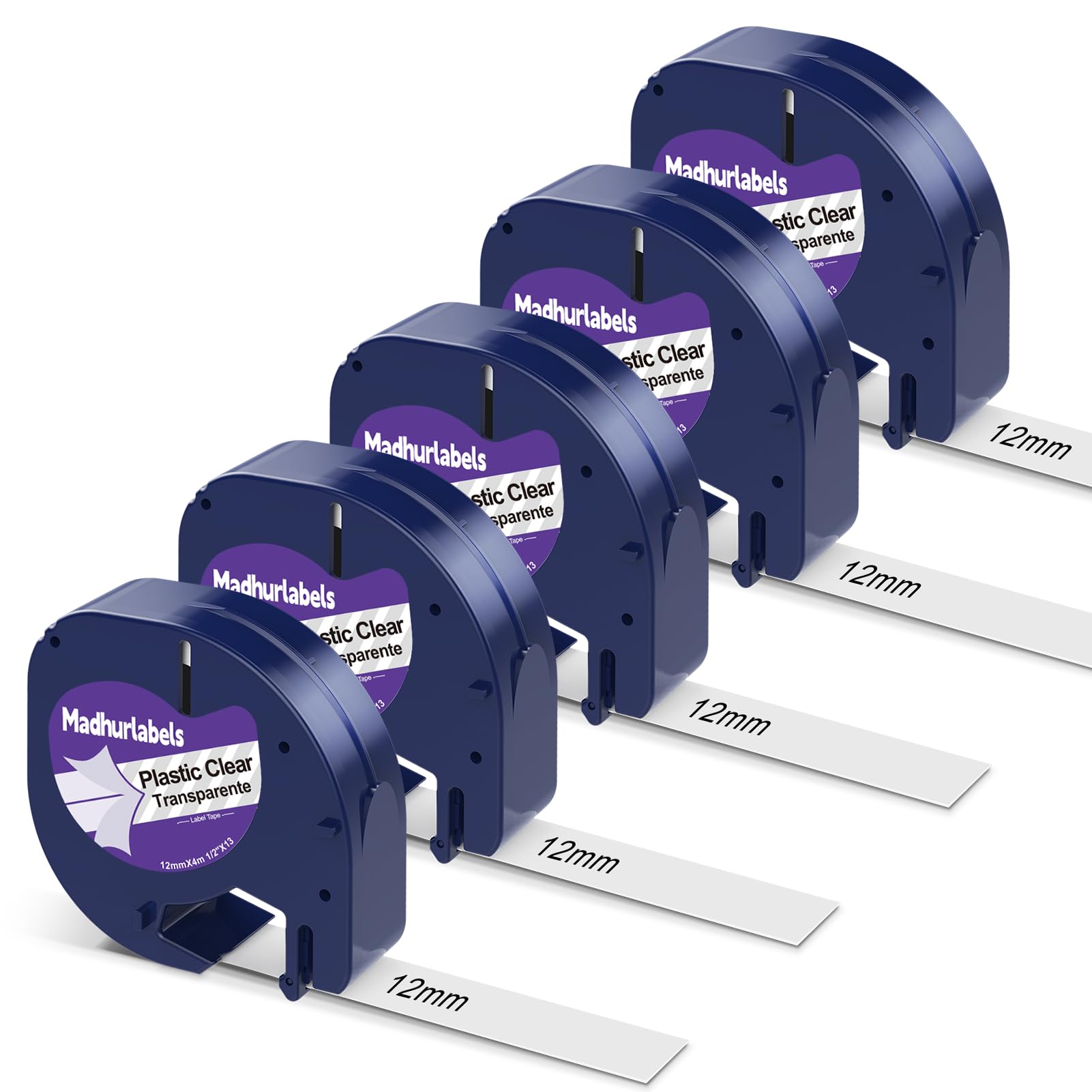 5 X Plastic Clear Label Maker Refills Replacement for Dymo Letratag Refills, Compatible with Dymo Label Maker Refills 12mm x 4m Letratag Replacement for Letra Tag for LT100T LT100H QX50