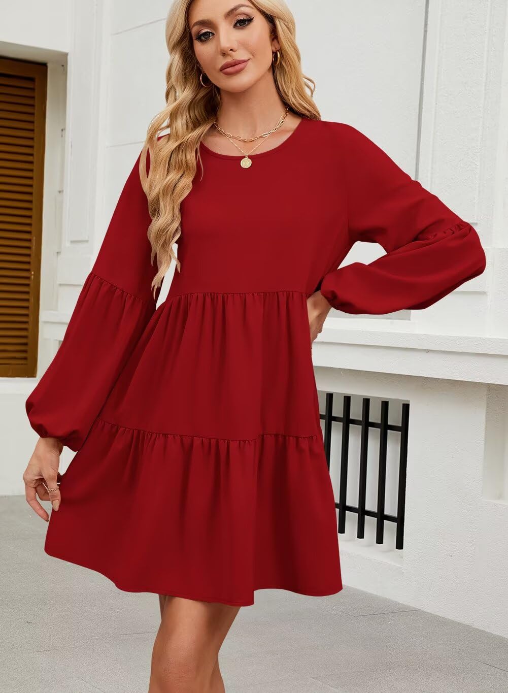 QACOHU Falll Dresses for Women 2026 Crew Neck Long Lantern Sleeve Casual Loose Flowy Swing Shift Dress