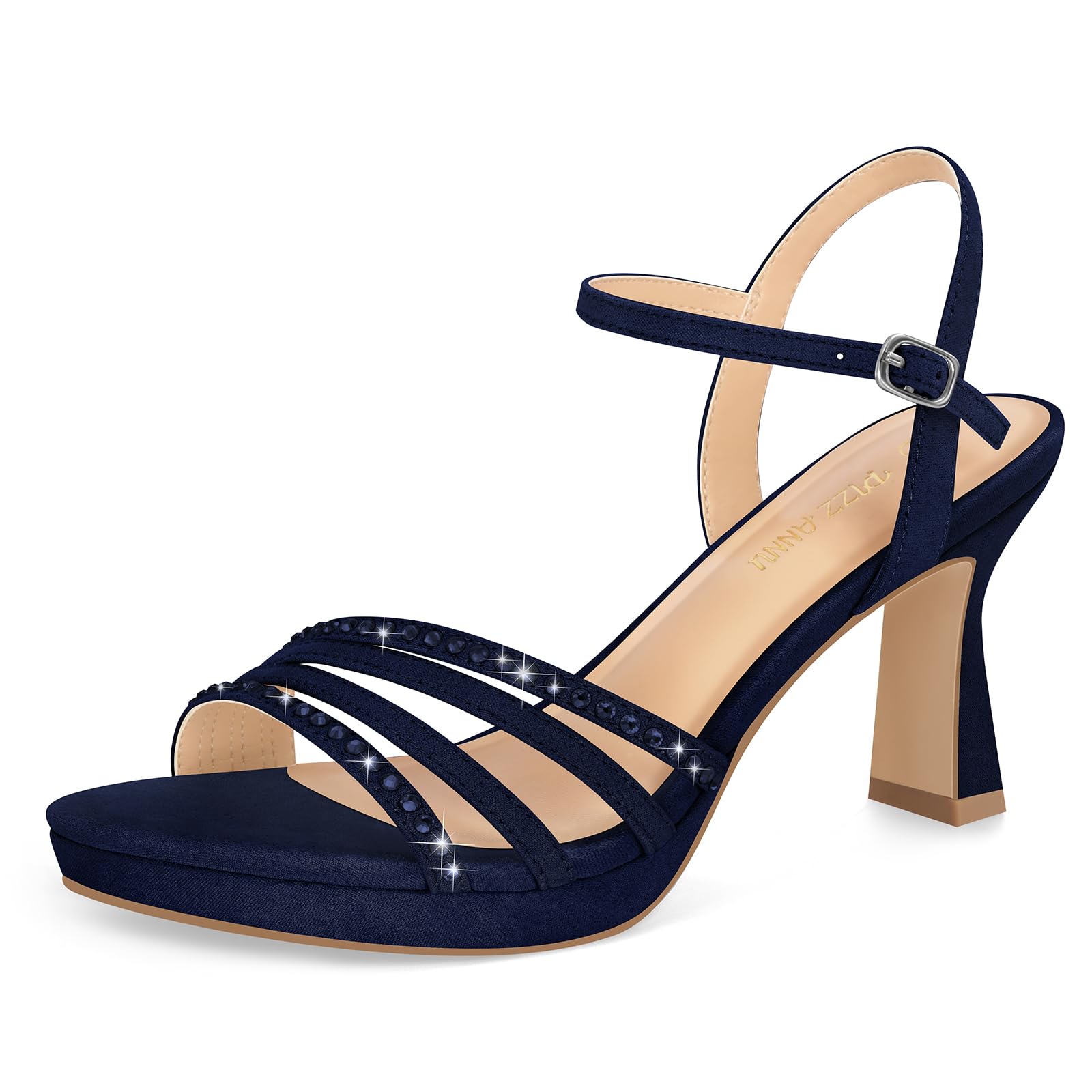 PIZZ ANNU Lena Women's Platform Heels High Block Chunky Sparkly Rhinestone Open Toe Ankle Strap Fashion Dress Pump Sandals Shoes for Party Wedding