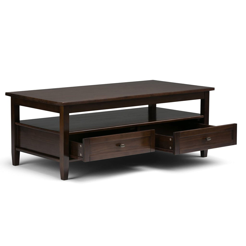 SIMPLIHOME Warm Shaker Coffee Table - 48 inch Wide Solid Wood Coffee Table in Black, Transitional Living Room Table with 2 Drawers, Open Shelf, Shaker Fronts and Tapered Legs