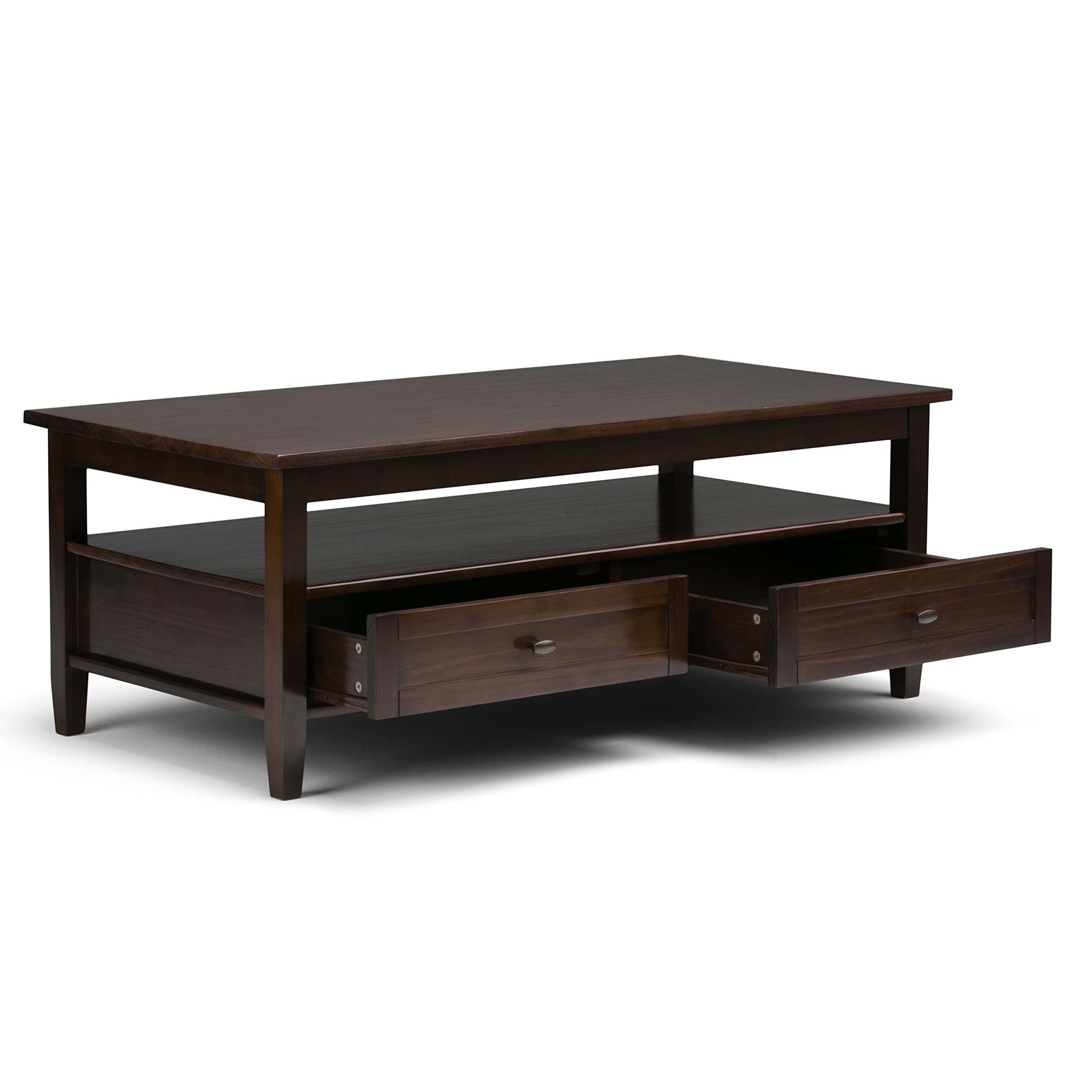 SIMPLIHOME Warm Shaker Coffee Table - 48 inch Wide Solid Wood Coffee Table in Black, Transitional Living Room Table with 2 Drawers, Open Shelf, Shaker Fronts and Tapered Legs