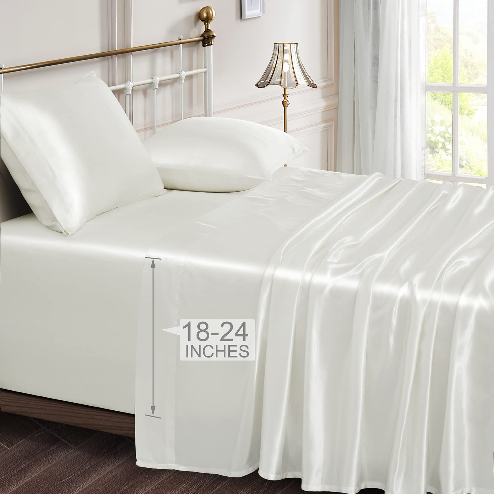 Vonty Extra Deep Pocket Full Sheet Sets - Cooling & Silky Satin Full Size Sheets with 18-24 Inch Deep Pocket, Black Satin Bed Sheets Fit Up to 24" Deep Mattress - 4 Piece Set