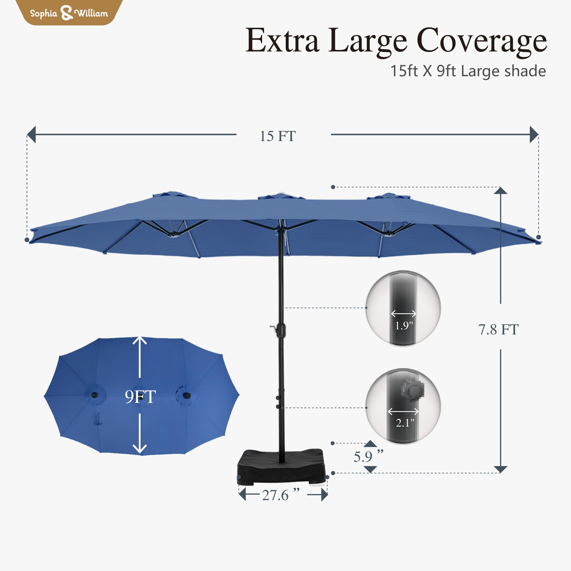 Sophia & William 15 ft Extra Large Patio Umbrella with Base Included, Rectangular Outdoor Umbrella Heavy Duty, Market Umbrella Double-sided Fade Resistant for Pool Garden Backyard, Beige