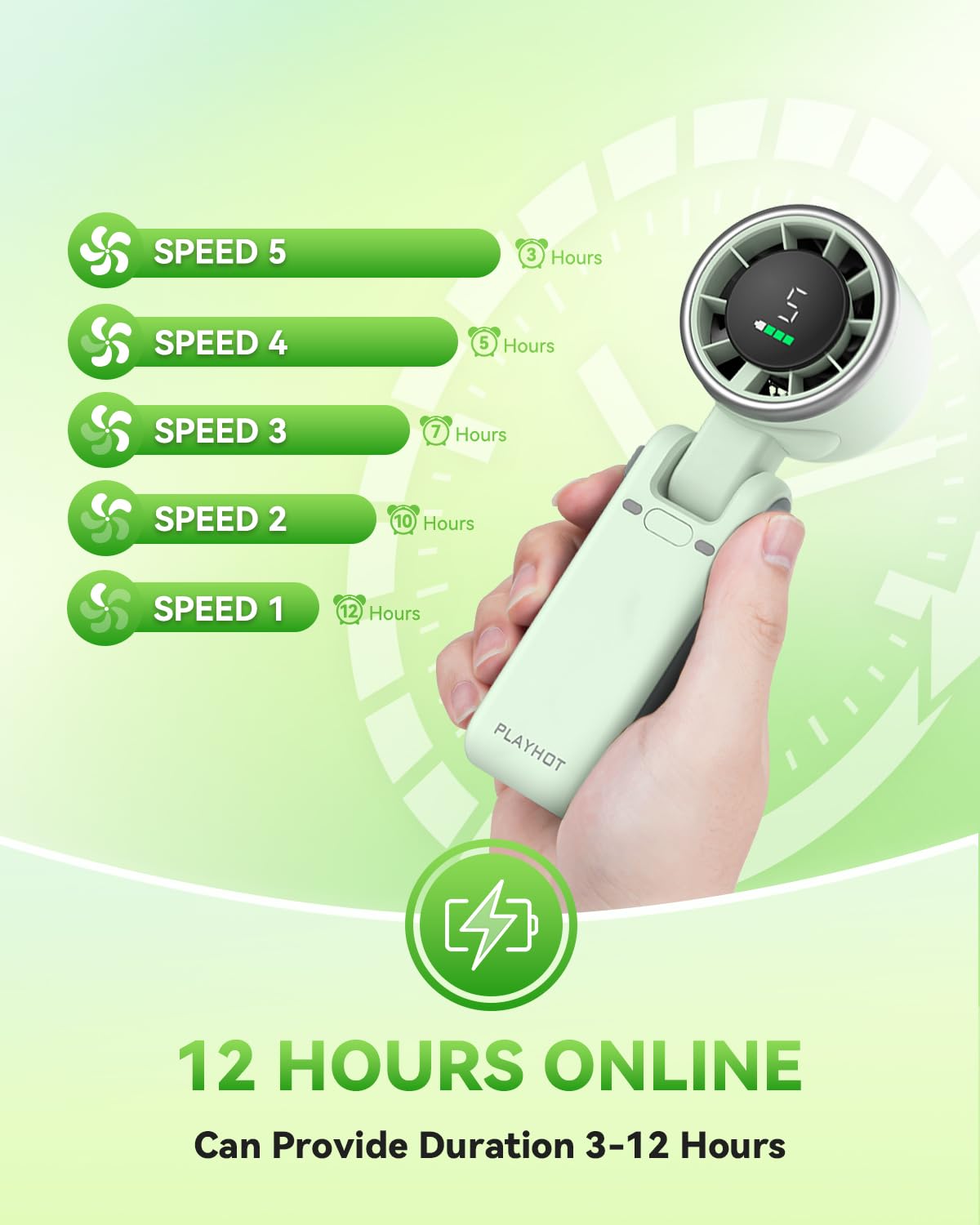 PlayHot Portable Handheld Turbo Fan, 5 Gear Wind, USB-C Rechargeable Fan, Up to 12 Working Hours, 3 IN 1 Hand Fans with Air Turbo Tech Cooling Fan for Outdoor Activities, Travel, Beach (Black)