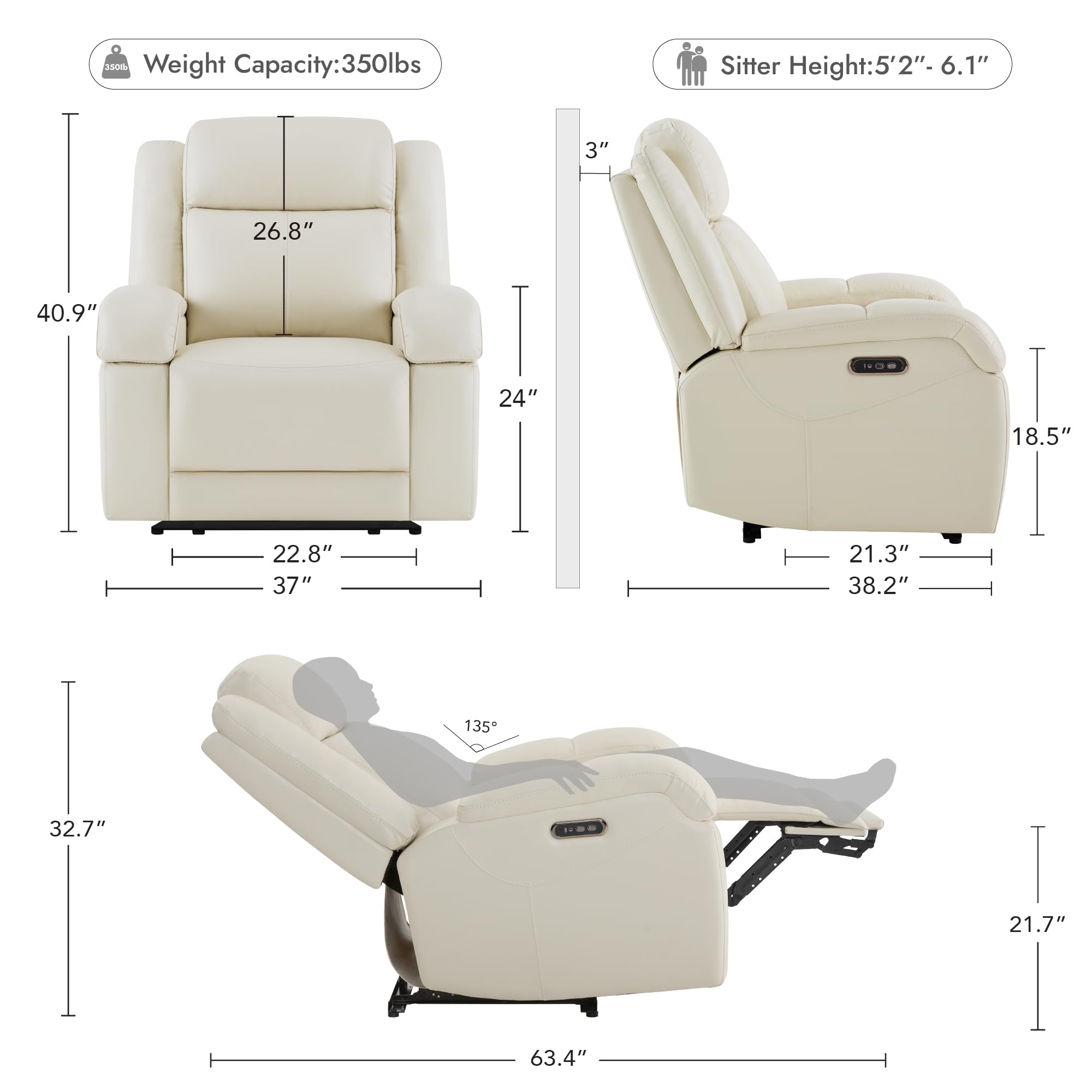 Watson & Whitely Genuine Leather Power Recliner Chairs for Adults, Wall Hugger RV Recliner with Power Headrest & Charging Ports, Electric Recliner Sofa Chair for Living Room, Black