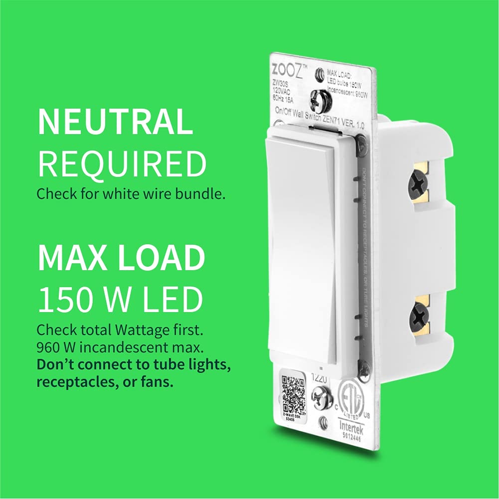 Zooz 800 Series Z-Wave Long Range Toggle Dimmer ZEN74, White | Direct 3-Way (No Add-On Switch Needed) | Z-Wave Hub Required