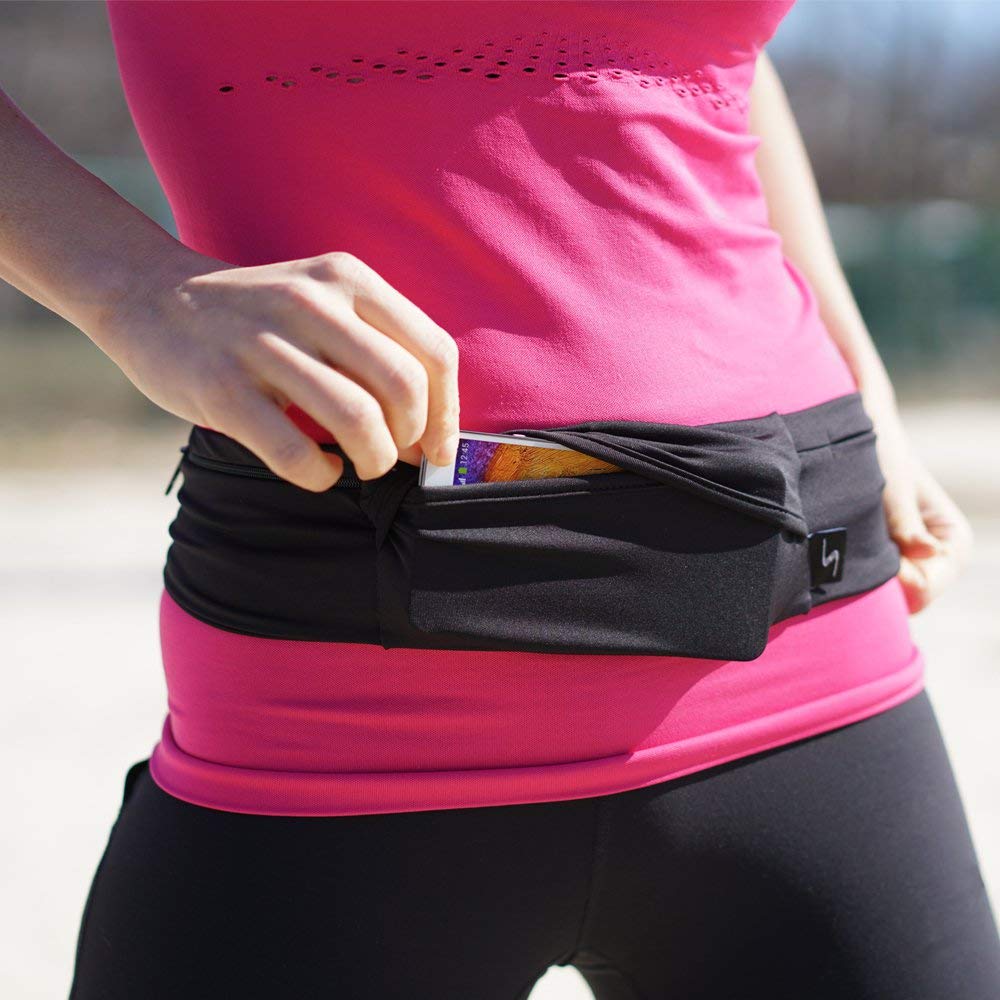 3 Pocket Adjustable Running Belt Waist Pack, Fanny Pack For Working Out With Sweat Resistant Backing, Holds All iPhone Models (Black/Black, X-Small)