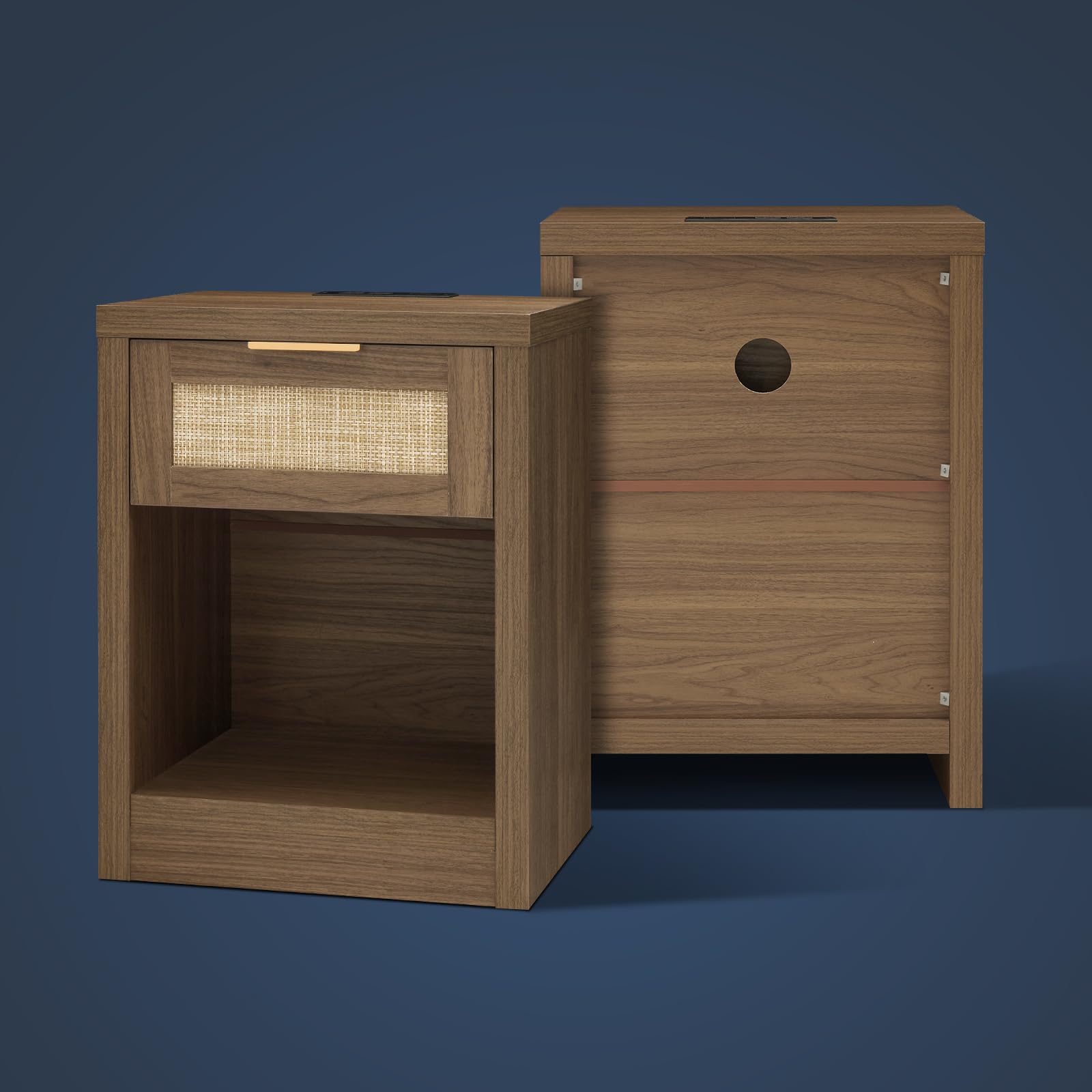 OAKHAM HOME Nightstand Set of 2 Farmhouse Bedside Tables with Drawer and Storage Shelf Modern Boho End Side Tables for Bedroom Sofa, Light Oak