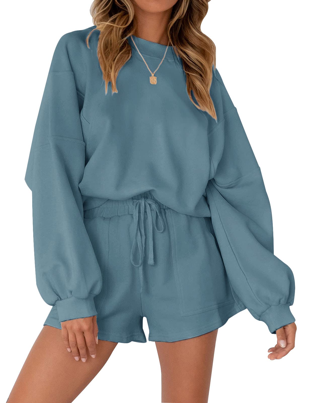 MEROKEETY 2026 Spring Lounge Sets for Women Oversized Batwing Sleeve Casual Top and Shorts 2 Piece Outfits Sweat Set