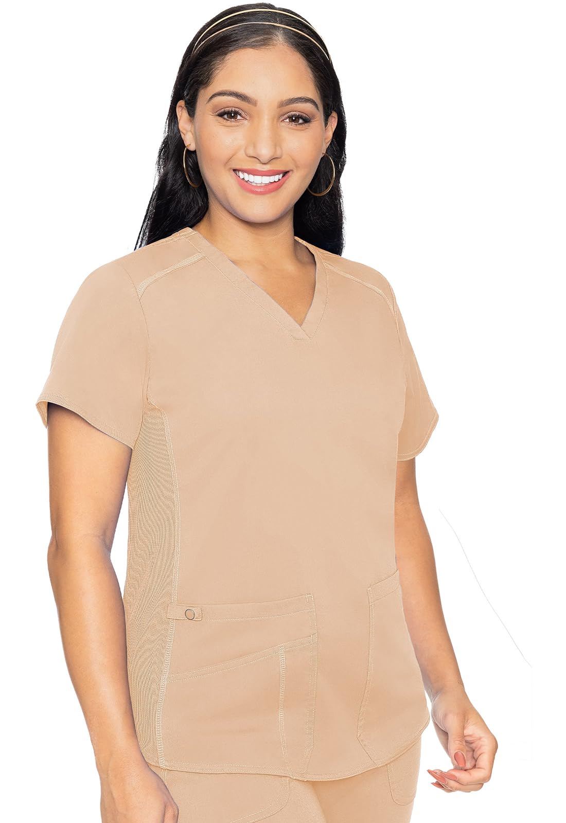 Med Couture V-Neck Scrub Top for Women with 4 Pockets, Rib-Knit Side Panel, and Shirttail Hem MC7459