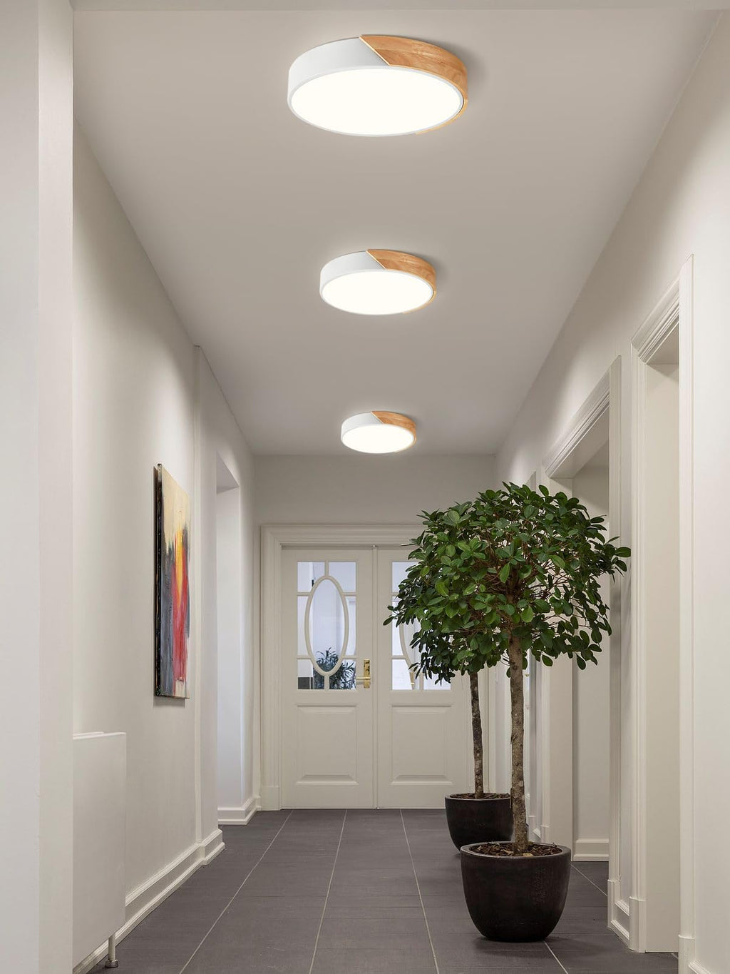 Modern LED Ceiling Light, Minimalist Wood Dimmable Flush Mount Ceiling Light Fixture, Round 5CCT Lighting Lamp with Acrylic Lampshade for Bedroom Hallway Kitchen Laundry, Black 11.8"