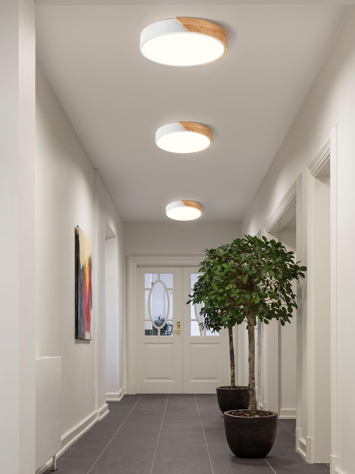 Modern LED Ceiling Light, Minimalist Wood Dimmable Flush Mount Ceiling Light Fixture, Round 5CCT Lighting Lamp with Acrylic Lampshade for Bedroom Hallway Kitchen Laundry, Black 11.8"