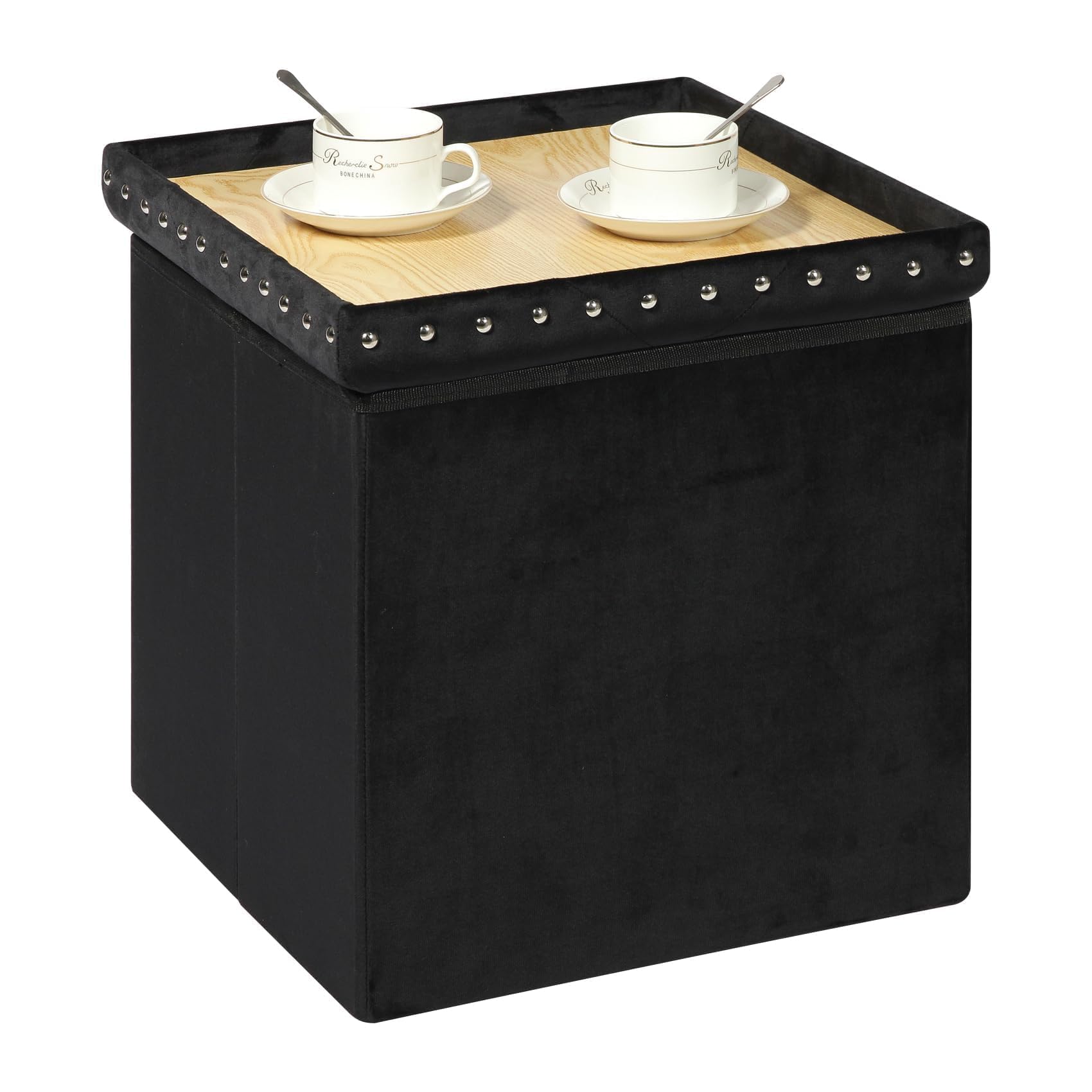 B FSOBEIIALEO Storage-Ottoman Cube-Folding Tufted - Ottomans with Storage, Coffee Table Top Cover, Storage Boxes Footrest Stool for Bedroom, Luxury Velvet Fabric 15.7 Inches Black