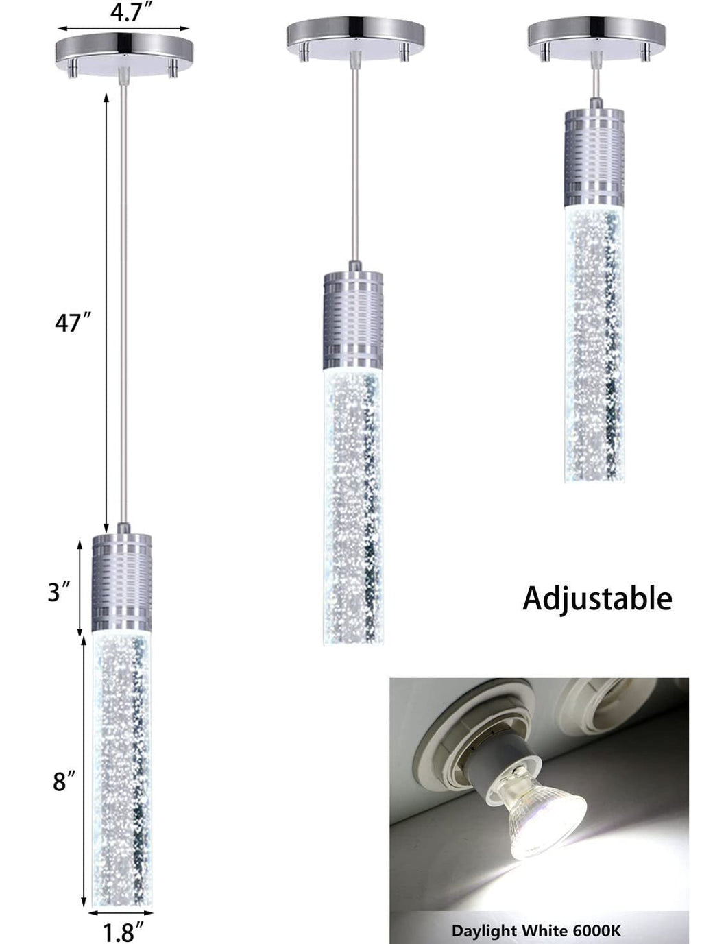 HAIXIANG Modern Kitchen Island Hanging Light Fixtures Crytstal Pendant Lighting for Kitchen Island Chrome Mini Chandelier with 6000K Daylight Bulb