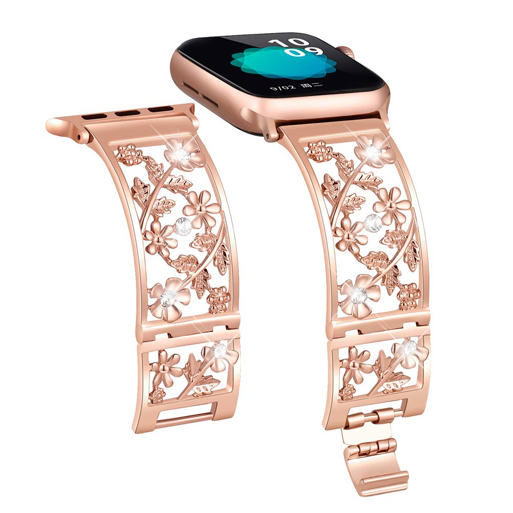 Floral Band Compatible with Apple Watch Jewelry Band 38mm 40mm 41mm 42mm iWatch Bands Series 11 10 9 8 7 6,Bling Crystal Bracelet Hollow Metal Strap,Fashion Women Wristband(38/40/41/42mm,Black)
