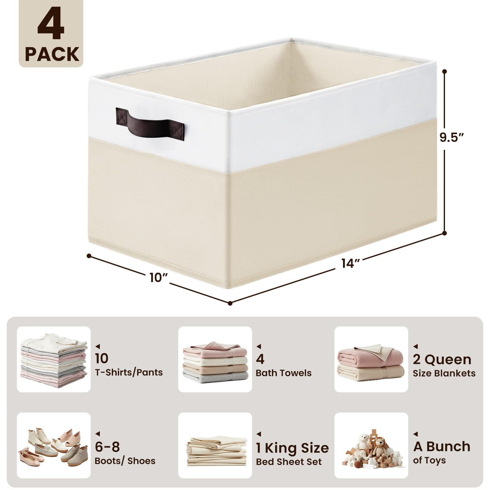 Criusia 4 Pack Baby Clothes Organizer Bins, Fabric Collapsible Storage Baskets with Handles, Odorless Storage Bins for Toy Clothes Nursery Kids Room Playroom Classroom (14L*10W*9.5H)