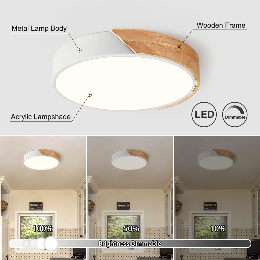 Modern LED Ceiling Light, Minimalist Wood Dimmable Flush Mount Ceiling Light Fixture, Round 5CCT Lighting Lamp with Acrylic Lampshade for Bedroom Hallway Kitchen Laundry, Black 11.8"