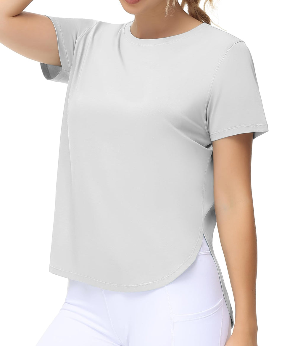 THE GYM PEOPLE Women's Workout T-Shirts Loose Fit Short Sleeve Cotton Running Basic Tee Tops with Split Hem