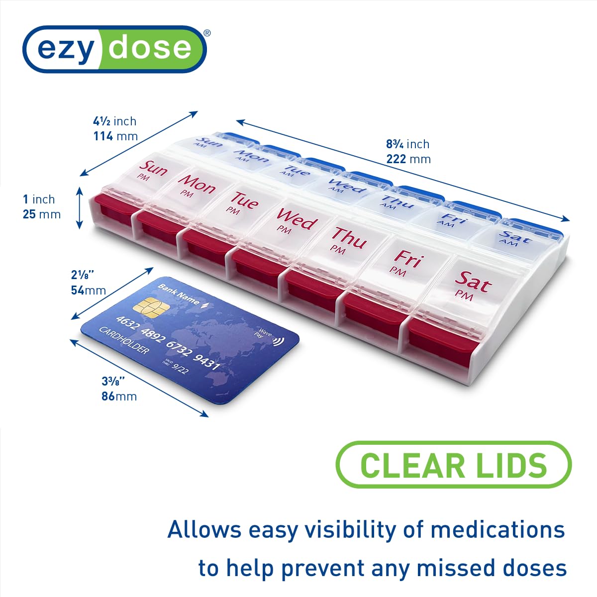 EZY DOSE Push Button (7-Day) Pill Case, Medicine Planner, Vitamin Organizer, 2 Times a Day, AM/PM Container, X-Large Compartments, Arthritis Friendly, Easy to Use, Transparent Lids, Black, BPA Free