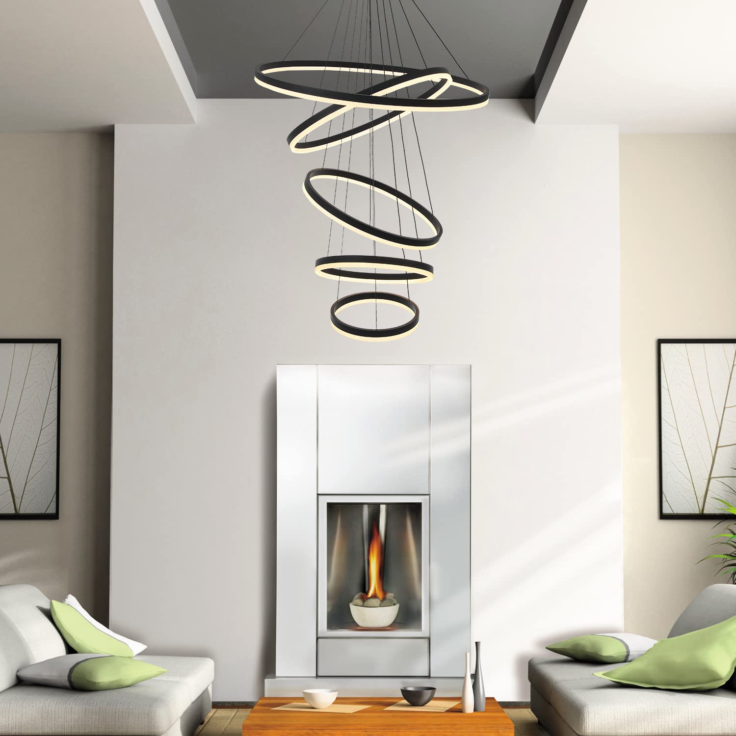 5-Rings Modern LED Chandelier Black Dimmable High Ceiling Chandelier for Dining Room with Remote Control for Foyer Living Room Entryway Staircase(D23.6’’, 3000K-6500K)