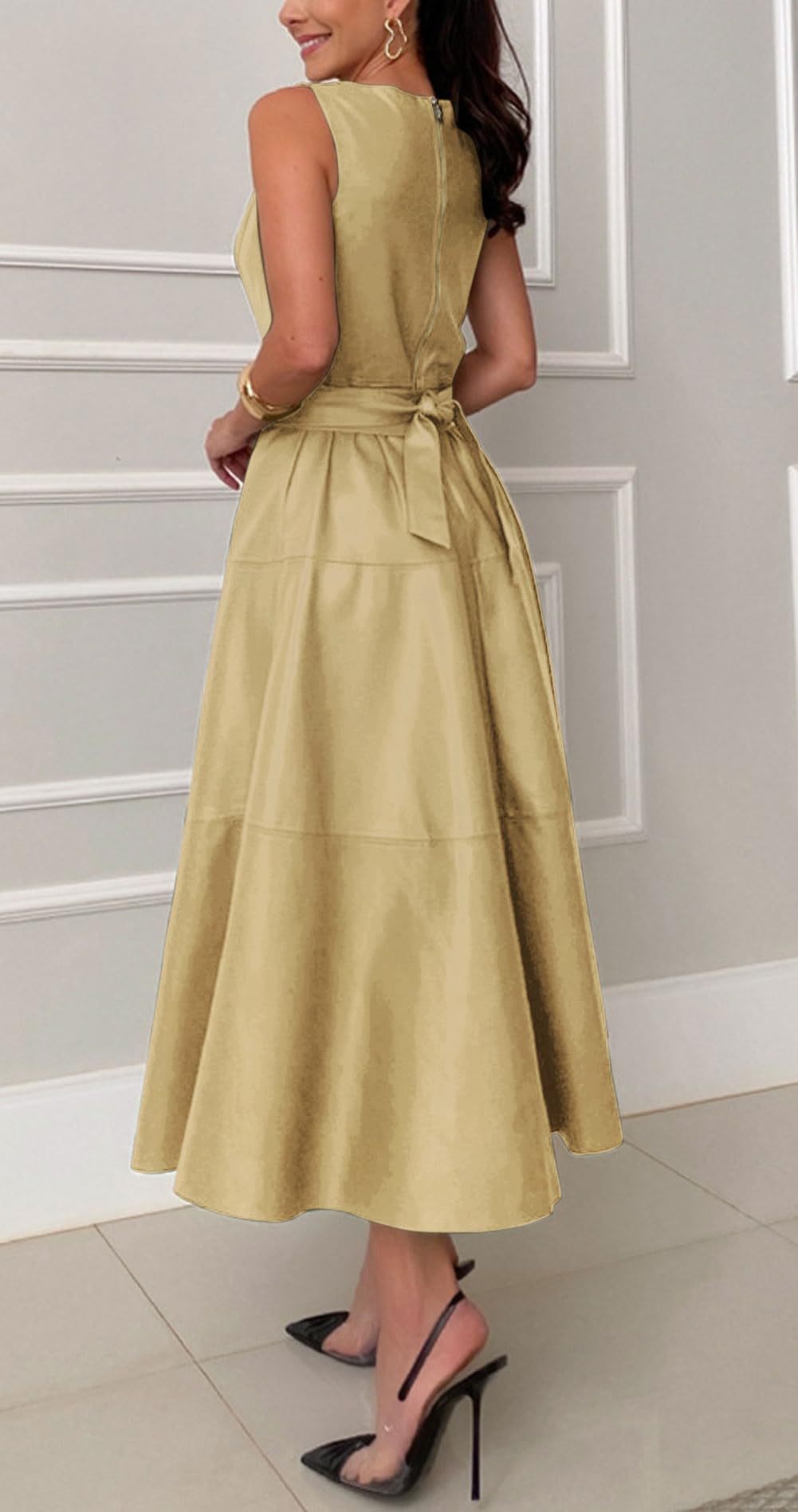 CHARTOU Women PU Faux Leather Sleeveless Elegant Flowy Long Dress Party Night Out Dress with Belt