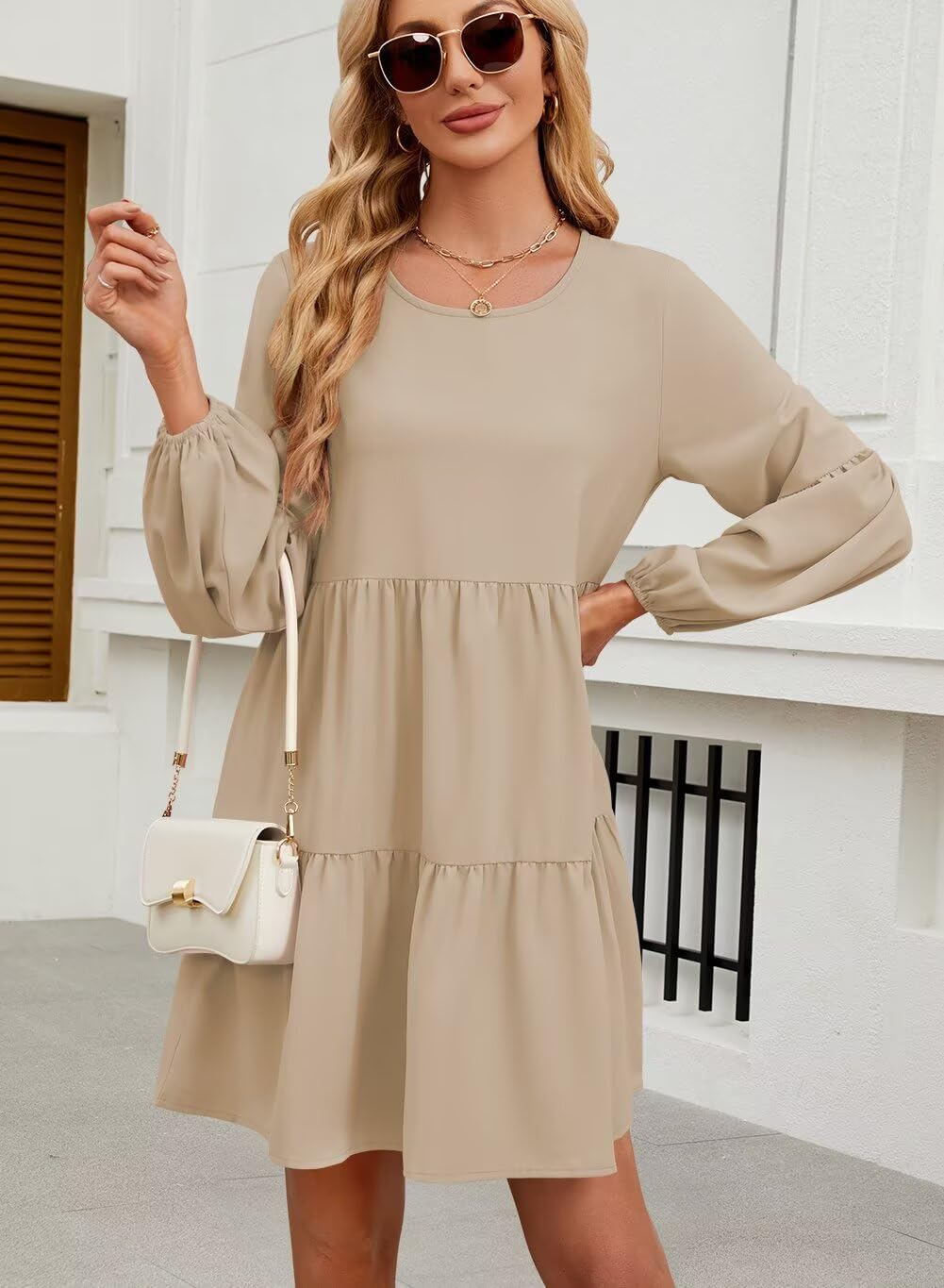 QACOHU Falll Dresses for Women 2026 Crew Neck Long Lantern Sleeve Casual Loose Flowy Swing Shift Dress
