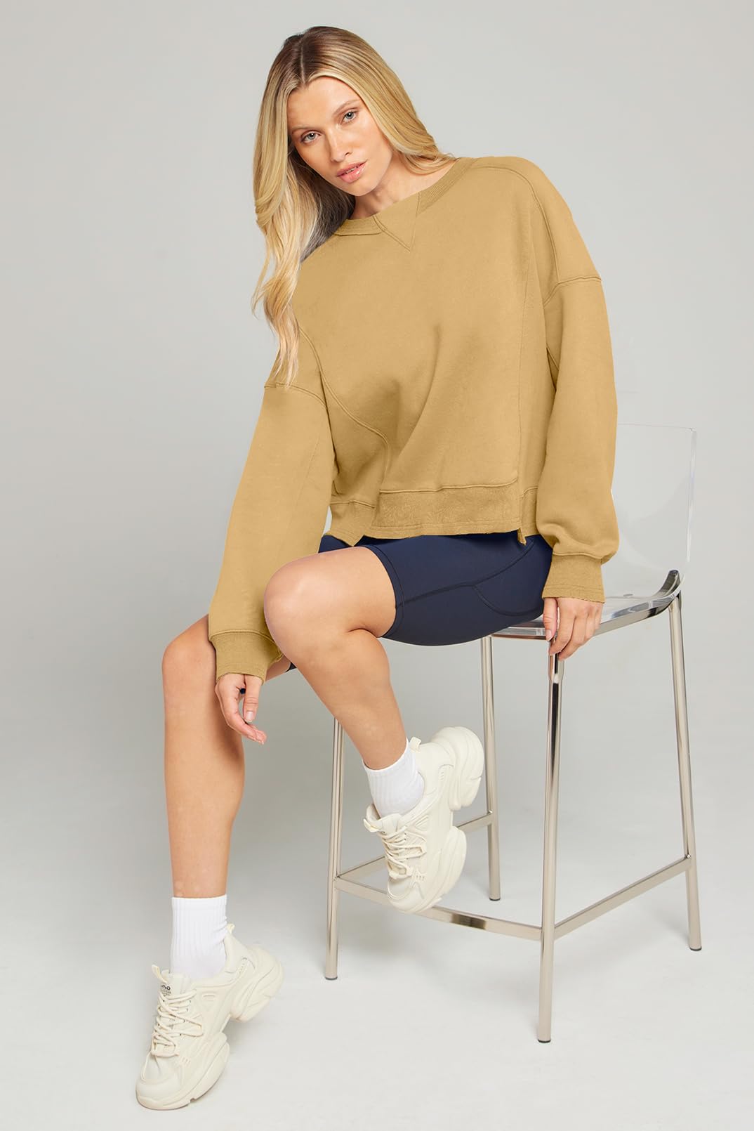 MEROKEETY Women's Oversized Cropped Sweatshirts Crewneck Trendy Workout Pullover Sweater Fall Outfits