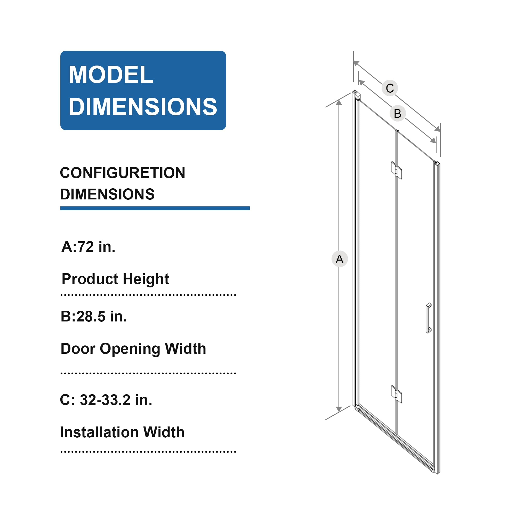 28” x 72” Pivot Shower Door, 1/4 inch Tempered Glass Panel Pivot Swing Shower Door in Matte Black Finish, Semi-Frameless Design