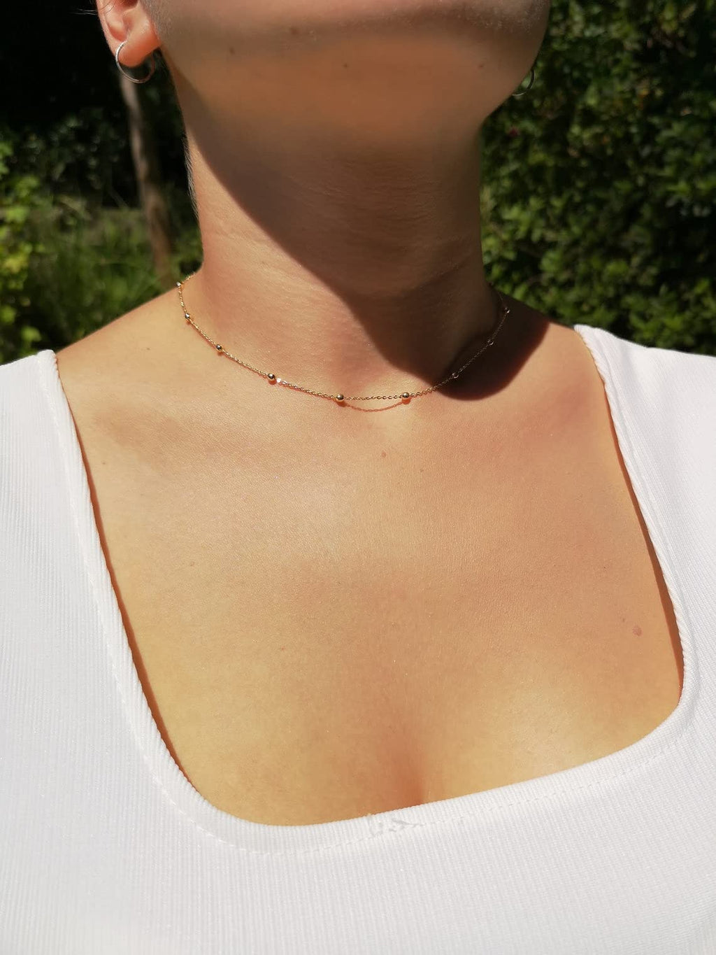 BERISO 14K Gold/Silver Plated Choker Necklace for Women Shining Dots Station Gold Chain Necklace Beads Sparkle Chain Necklace Link Chain Exquisite Jewelry for women