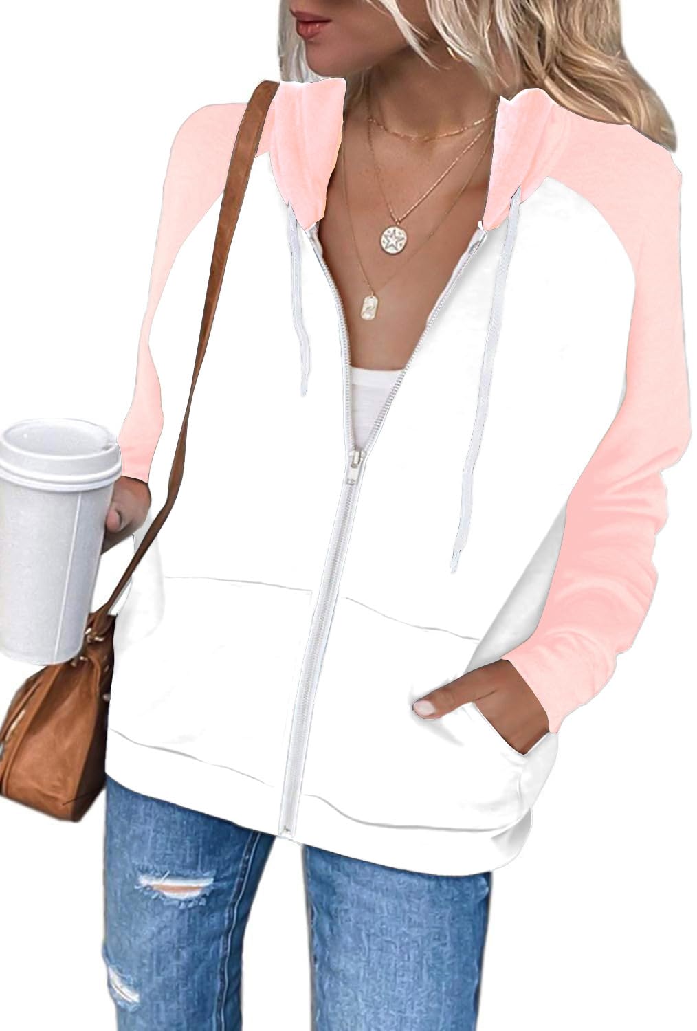 EZBELLE Women's Color Block Zip Up Hoodie Sweatshirt Casual Long Sleeve Jacket Sweater with Pockets