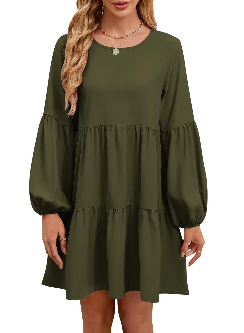 QACOHU Falll Dresses for Women 2026 Crew Neck Long Lantern Sleeve Casual Loose Flowy Swing Shift Dress