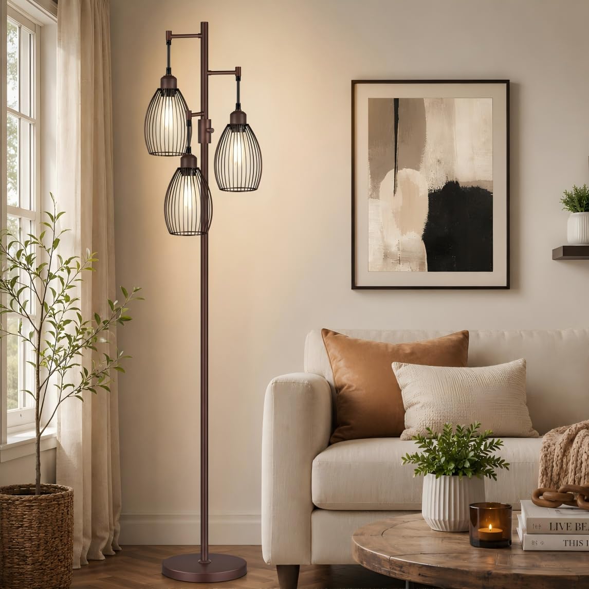 Dimmable Floor Lamp, 3 x 800LM LED Edison Bulbs Included, Farmhouse Industrial Floor Lamp Standing Tree Lamp with Elegant Teardrop Cage Tall Lamps for Living Room Bedroom Office Dining Room-Brass