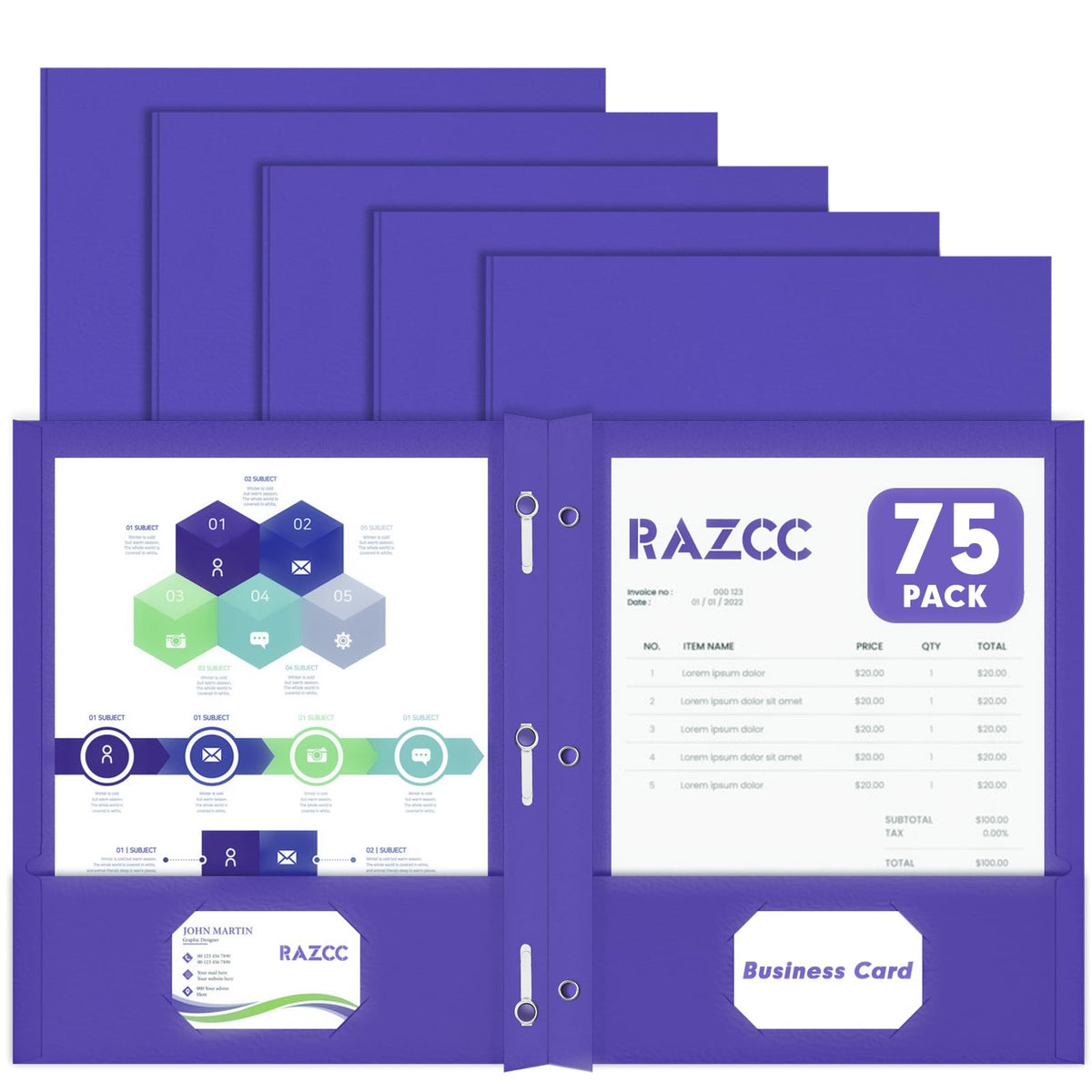 Two Pocket Folders, RAZCC 75 Pack Two Pocket Folders with Prongs, 3 Prong Pocket Folders Letter Size, Paper Folders with Prongs for School Office Home Business, Assorted 5 Colors