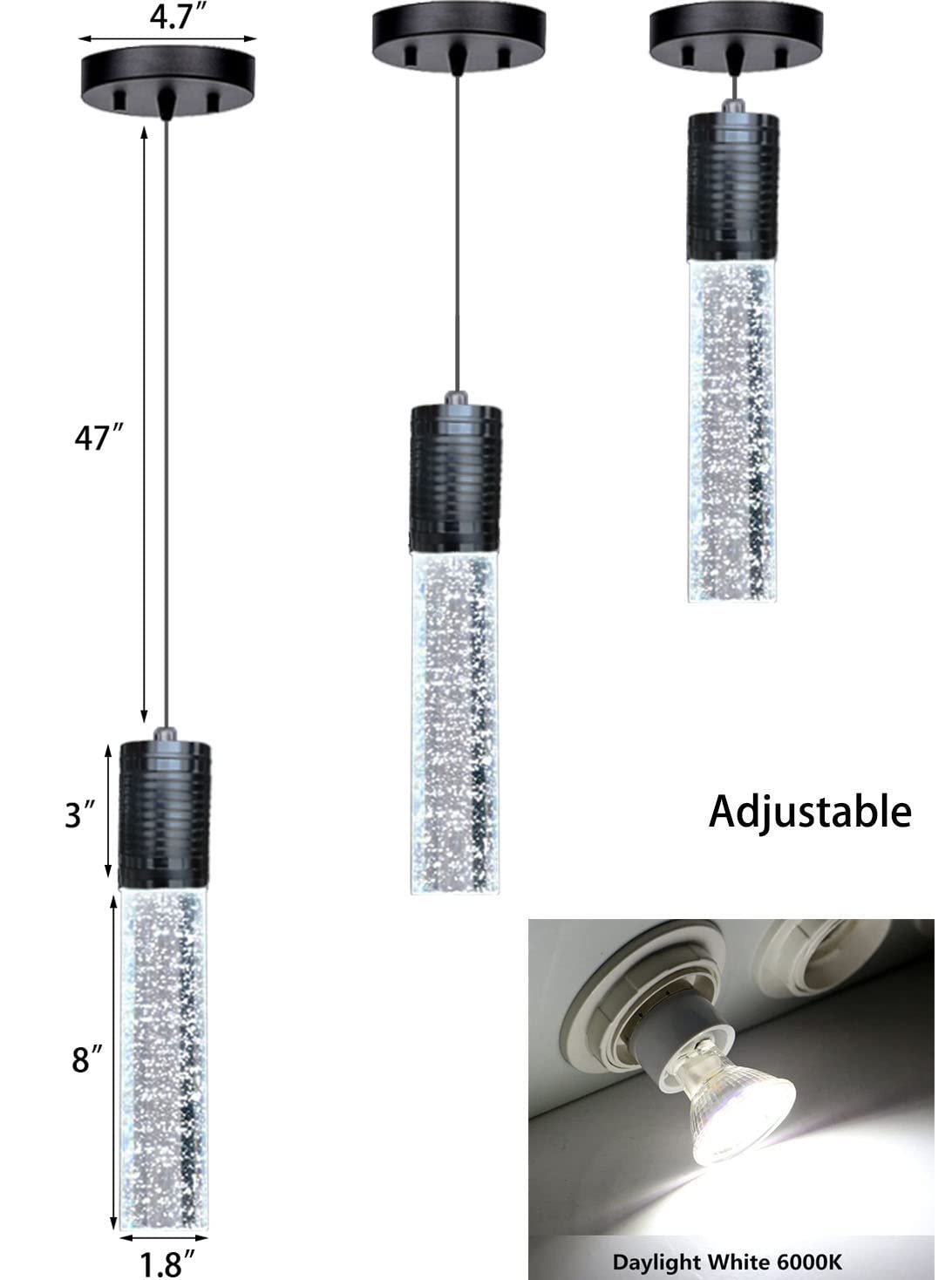 HAIXIANG Modern Kitchen Island Hanging Light Fixtures Crytstal Pendant Lighting for Kitchen Island Chrome Mini Chandelier with 6000K Daylight Bulb