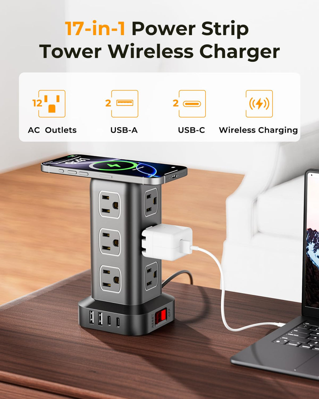 Tower Surge Protector Power Strip with 12 Outlets 4 USB (1 USB C), 6.5Feet Extension Cord with Multiple Outlets, Charging Station, Power Strip Tower, Office Desk Supplies