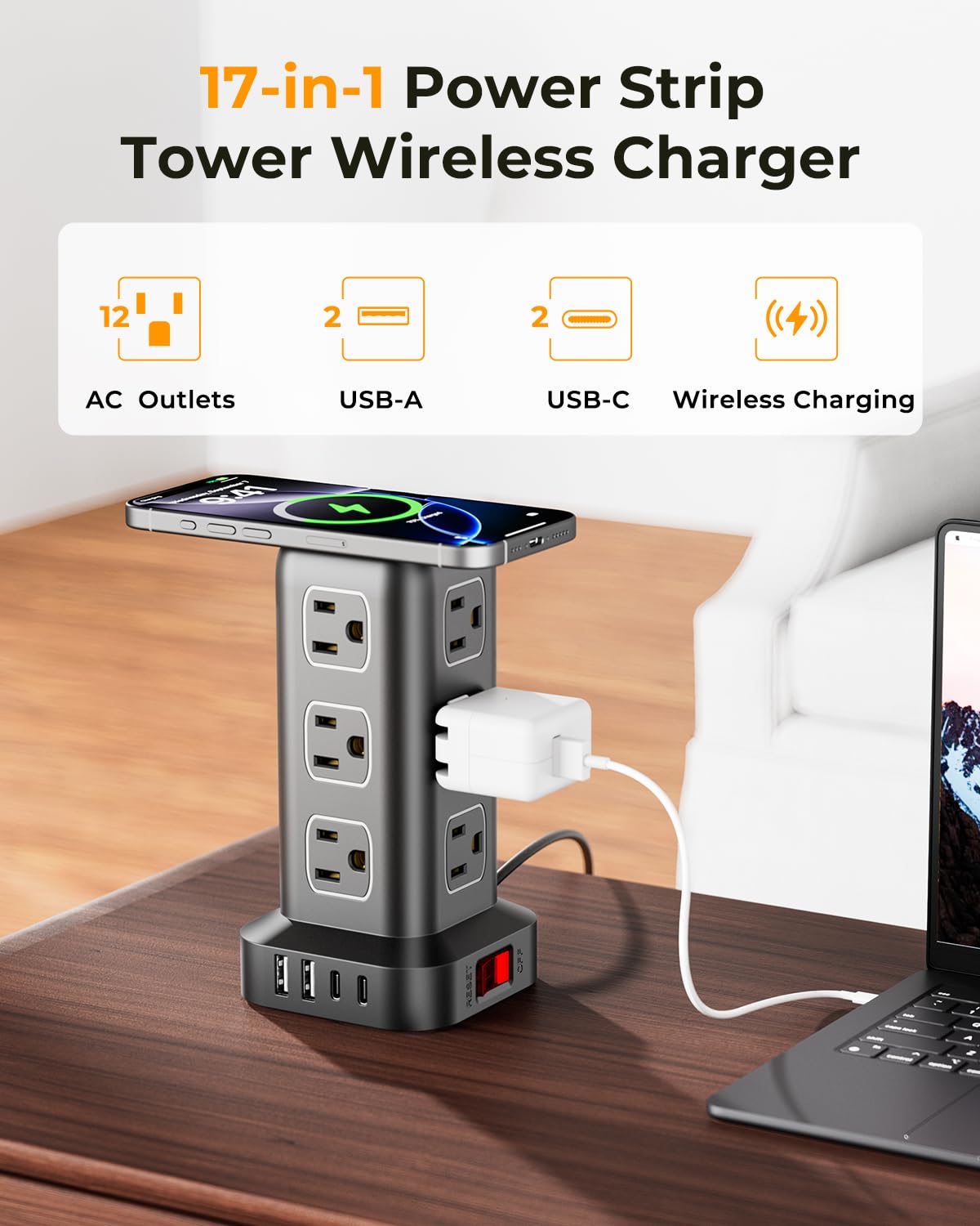 Tower Surge Protector Power Strip with 12 Outlets 4 USB (1 USB C), 6.5Feet Extension Cord with Multiple Outlets, Charging Station, Power Strip Tower, Office Desk Supplies