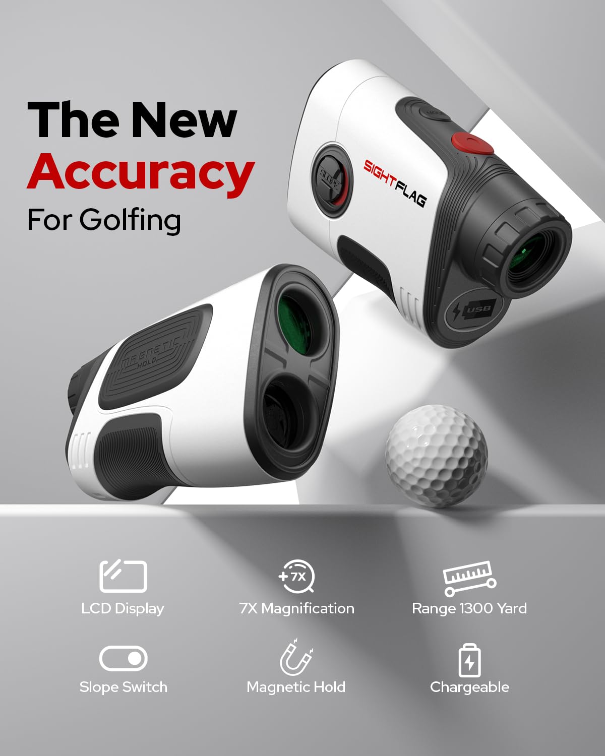 GF2-Golf Rangefinder with Slope and Pin Flagpole Lock Vibration, 1300 Yards Range Finder, External Slope Switch