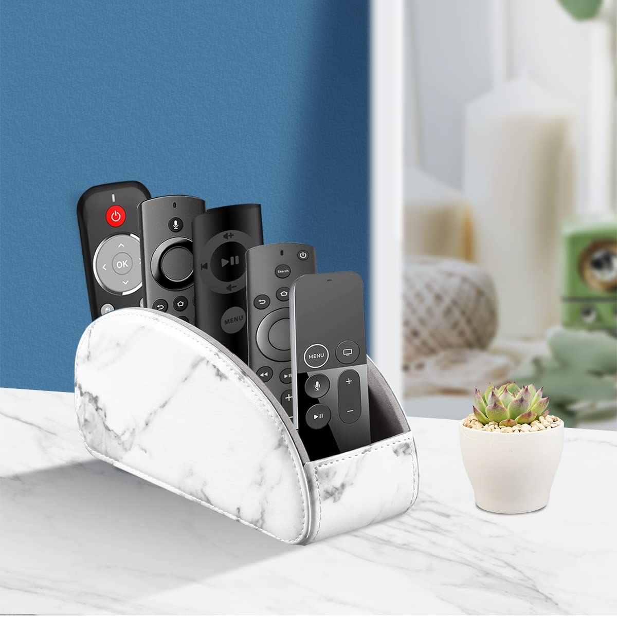 YAPISHI All-in-One Leather Brown TV Remote Holder with 5 Compartments Nightstand Desktop Media Player Remote Caddy Storage Box Organizer Tray for Mobile Office Phone Controller