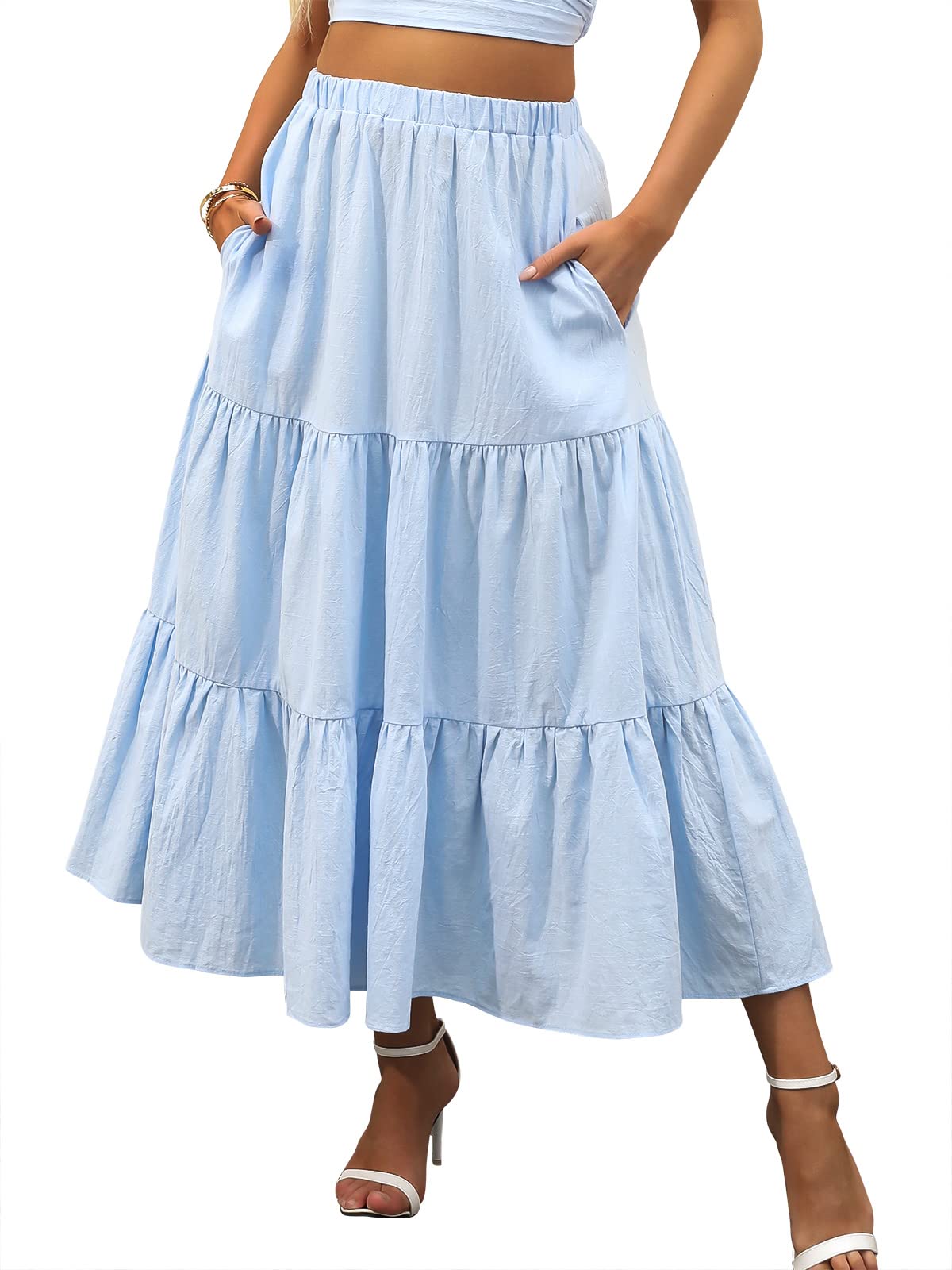 ANRABESS Women’s Summer Boho Flowy Swing Tiered A-Line Maxi Skirt 2026 Fashion Trendy Elastic Waist Pleated Long Beach Dress
