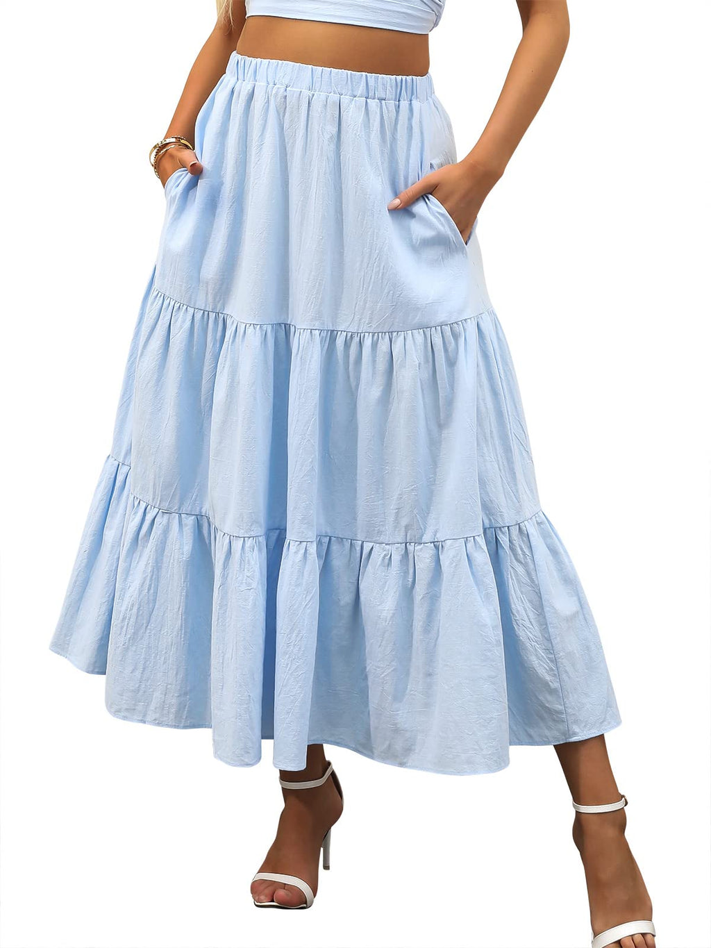 ANRABESS Women’s Summer Boho Flowy Swing Tiered A-Line Maxi Skirt 2026 Fashion Trendy Elastic Waist Pleated Long Beach Dress