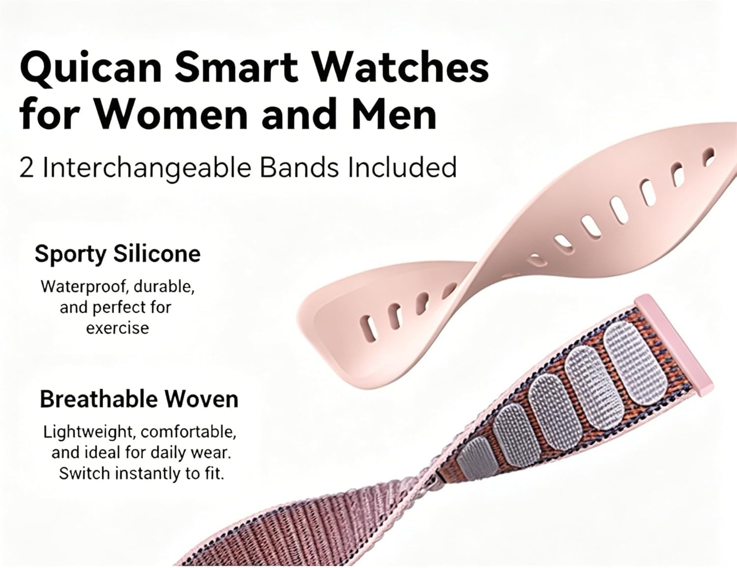 Quican Smart Watches for Women, Compatible for iPhone and Android Phones, Calling, Heart Rate/Sleep Monitor, Alexa, 1.8" Fitness Tracker Watch, Waterproof, Gifts for Women, Silicone Band, Baby Pink