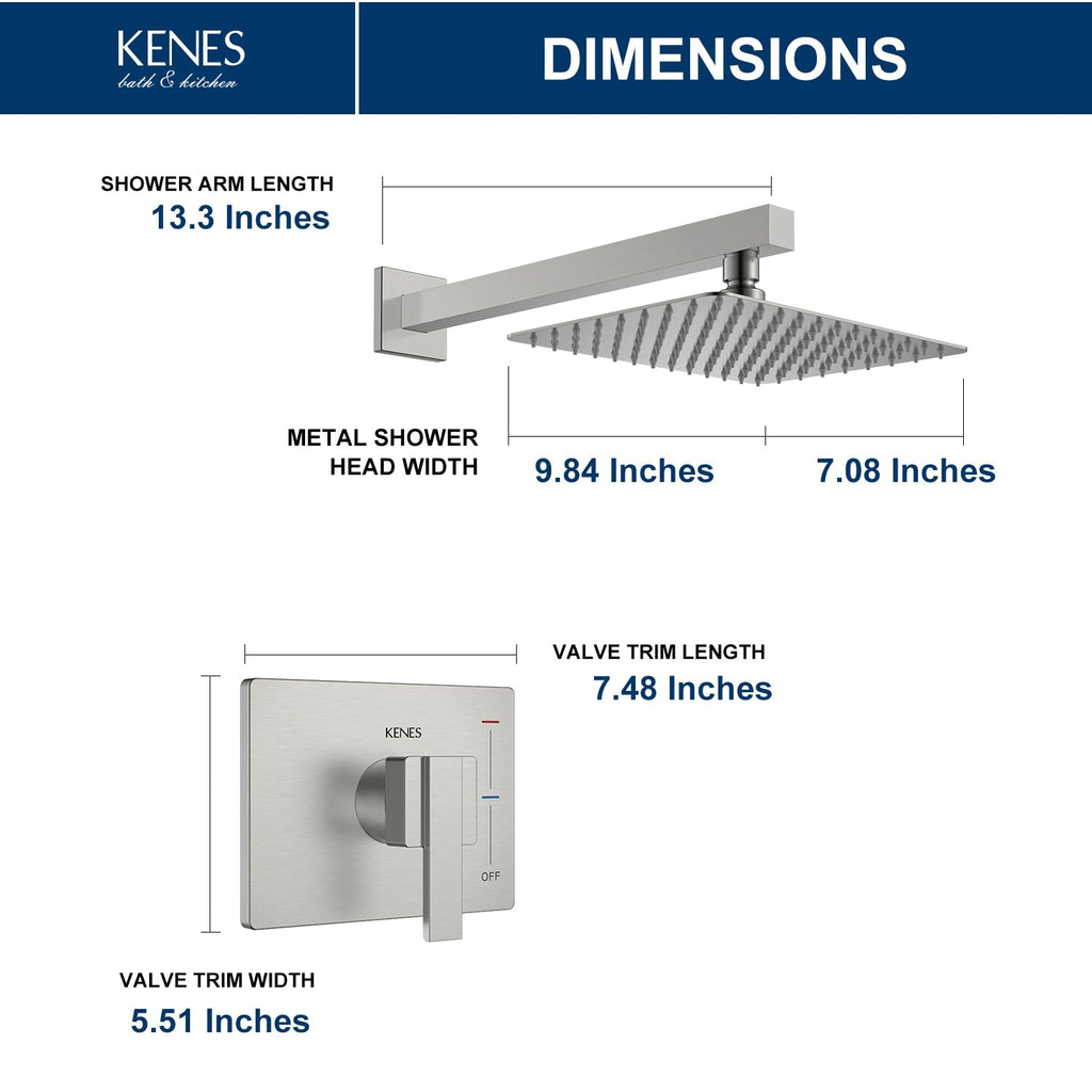 KENES Brushed Nickel 10-Inch Shower Head and Handle Set, Square Shower Faucet Set Bathroom Rainfall Shower System Wall Mount, KE-6024B (Shower Valve Included)