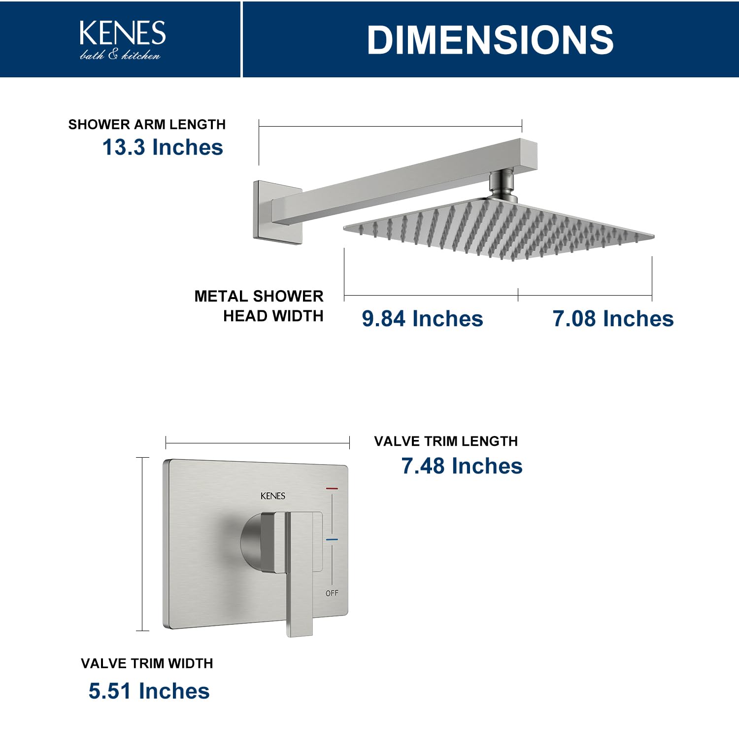 KENES Brushed Nickel 10-Inch Shower Head and Handle Set, Square Shower Faucet Set Bathroom Rainfall Shower System Wall Mount, KE-6024B (Shower Valve Included)