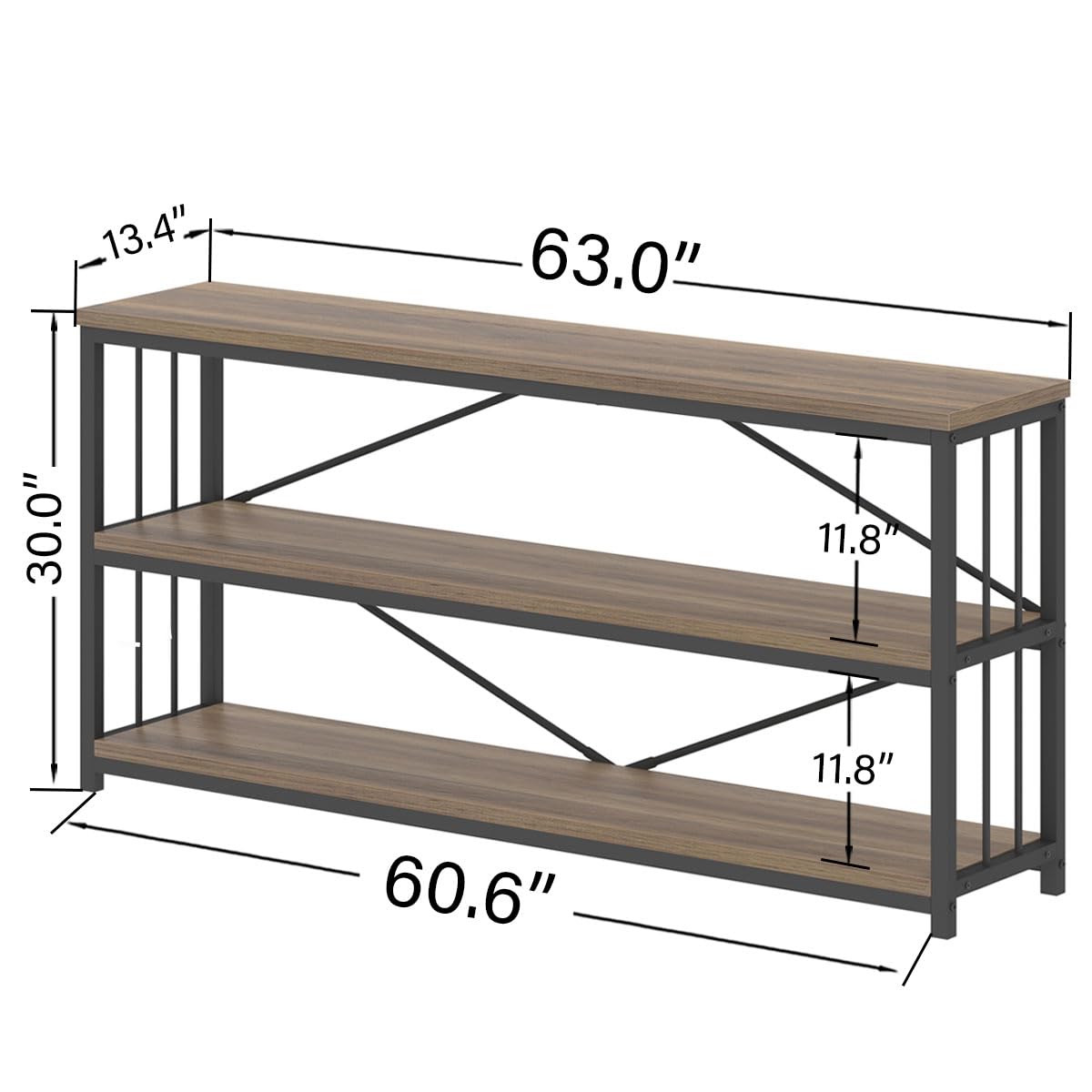 LVB Black Console Table, Modern Entryway Table for Hallway Living Room, Industrial Sofa Table Behind Couch, Farmhouse Wooden Metal Entry Table for Foyer with 3-Tier Storage Shelves, Black Oak, 55 Inch
